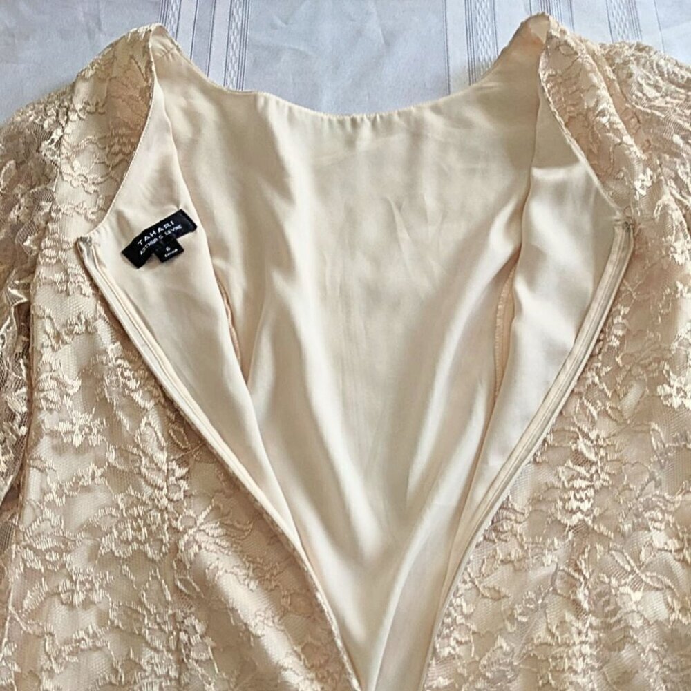 Angelic TAHARI ARTHUR S LEVIN Champagne Satin Georgette Angel Sleeve Lace Overla - Picture 5 of 10